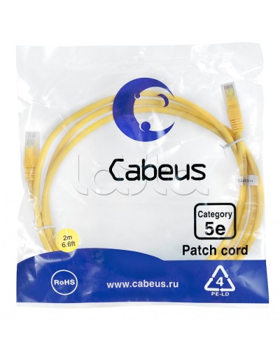 Патч-корд UTP, категория 5e, 2 м, неэкранированный, желтый Cabeus PC-UTP-RJ45-Cat.5e-2m-YL в Стерлитамаке Патчкорды (медные) Pintop.ru