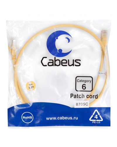 Патч-корд UTP, категория 6, 1 м, неэкранированный, желтый Cabeus PC-UTP-RJ45-Cat.6-1m-YL в Стерлитамаке Патчкорды (медные) Pintop.ru