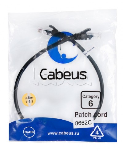Патч-корд UTP, категория 6, 0.5 м, неэкранированный, черный Cabeus PC-UTP-RJ45-Cat.6-0.5m-BK в Стерлитамаке Патчкорды (медные) Pintop.ru