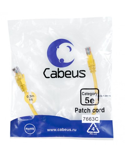 Патч-корд UTP, категория 5e, 0.3 м, неэкранированный, желтый Cabeus PC-UTP-RJ45-Cat.5e-0.3m-YL в Стерлитамаке Патчкорды (медные) Pintop.ru