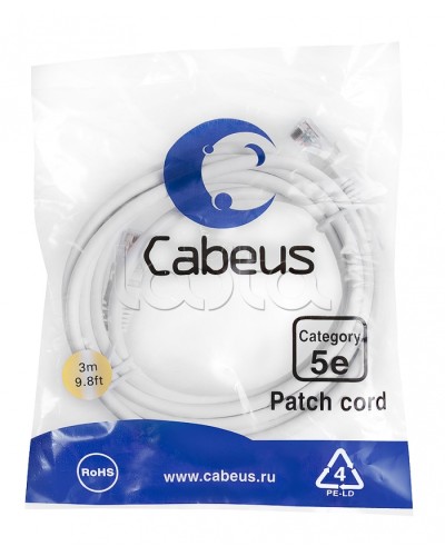 Патч-корд UTP, категория 5e, 3 м, неэкранированный, белый Cabeus PC-UTP-RJ45-Cat.5e-3m-WH в Стерлитамаке Патчкорды (медные) Pintop.ru