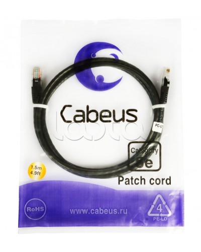 Патч-корд 2xRJ-45/8P8C U/UTP кат.5е (2 м) Cabeus PC-UTP-RJ45-CAT.5E-2M-BK в Стерлитамаке Патчкорды (медные) Pintop.ru