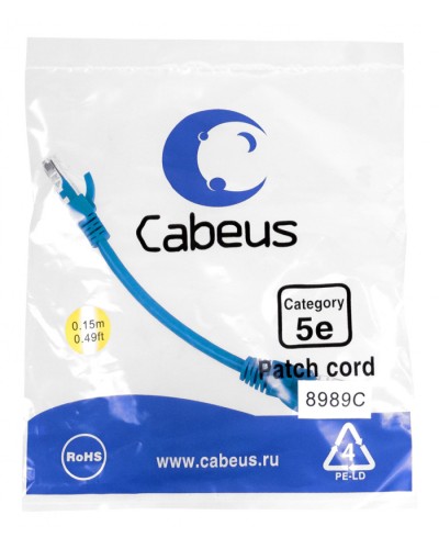 Патч-корд медный U/UTP кат.5е (0,15м) LSZH (синий) Cabeus (PC-UTP-RJ45-Cat.5e-0.15m-BL-LSZH) в Стерлитамаке Патчкорды (медные) Pintop.ru