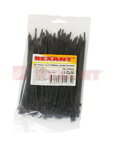 Хомут-стяжка нейлоновый 4х150 мм чёрный (100шт/уп) REXANT 07-0151-4 в Стерлитамаке Стяжки-хомуты Pintop.ru