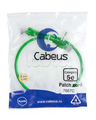 Патч-корд UTP, категория 5e, 0.5 м, неэкранированный, зеленый Cabeus PC-UTP-RJ45-Cat.5e-0.5m-GN в Стерлитамаке Патчкорды (медные) Pintop.ru