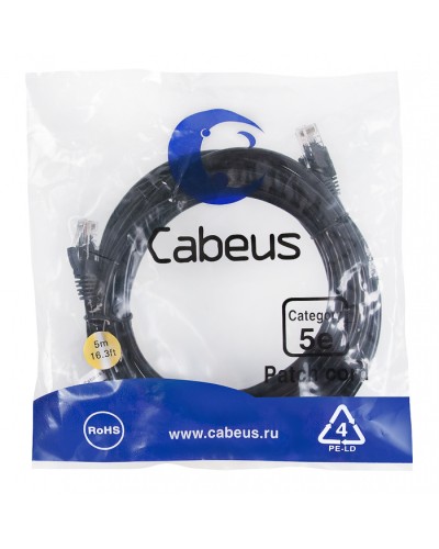 Патч-корд UTP, категория 5e, 5 м, неэкранированный, черный Cabeus PC-UTP-RJ45-Cat.5e-5m-BK в Стерлитамаке Патчкорды (медные) Pintop.ru