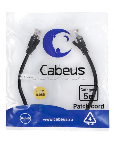 Патч-корд UTP, категория 5e, 0.3 м, неэкранированный, черный Cabeus PC-UTP-RJ45-Cat.5e-0.3m-BK в Стерлитамаке Патчкорды (медные) Pintop.ru
