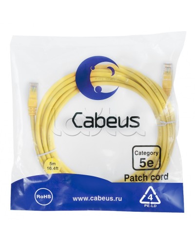 Патч-корд UTP, категория 5e, 5 м, неэкранированный, желтый Cabeus PC-UTP-RJ45-Cat.5e-5m-YL в Стерлитамаке Патчкорды (медные) Pintop.ru