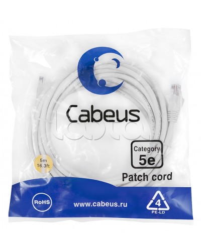 Патч-корд UTP, категория 5e, 5 м, неэкранированный, белый Cabeus PC-UTP-RJ45-Cat.5e-5m-WH в Стерлитамаке Патчкорды (медные) Pintop.ru