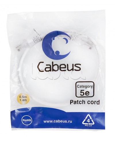 Патч-корд UTP, категория 5e, 0.5 м, неэкранированный, белый Cabeus PC-UTP-RJ45-Cat.5e-0.5m-WH в Стерлитамаке Патчкорды (медные) Pintop.ru