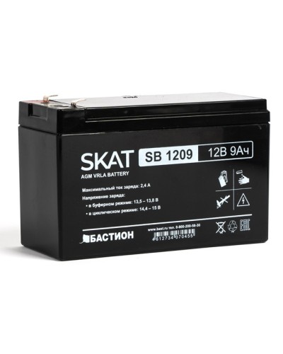 Бастион SKAT SB 1209 АКБ свинцово-кислотная тип AGM 12V 9Ач Iзар. 2,7 А, ножевые клеммы в Стерлитамаке Электротехническое оборудование Pintop.ru