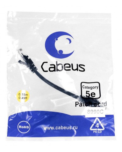 Патч-корд медный U/UTP кат.5е (0,15м) LSZH (черный) Cabeus (PC-UTP-RJ45-Cat.5e-0.15m-BK-LSZH) в Стерлитамаке Патчкорды (медные) Pintop.ru
